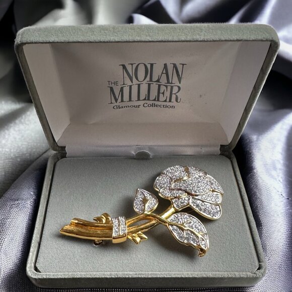 Nolan Miller Jewelry - NOLAN MILLER Glamour Collection Pave Rose Pin Brooch Gold Tone w/Box